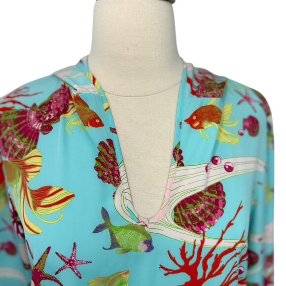 Natori Swim Cover-Up Tunic w/Hood Long Sleeve Coral Reef Ocean Starfish Size XS - Picture 2 of 8